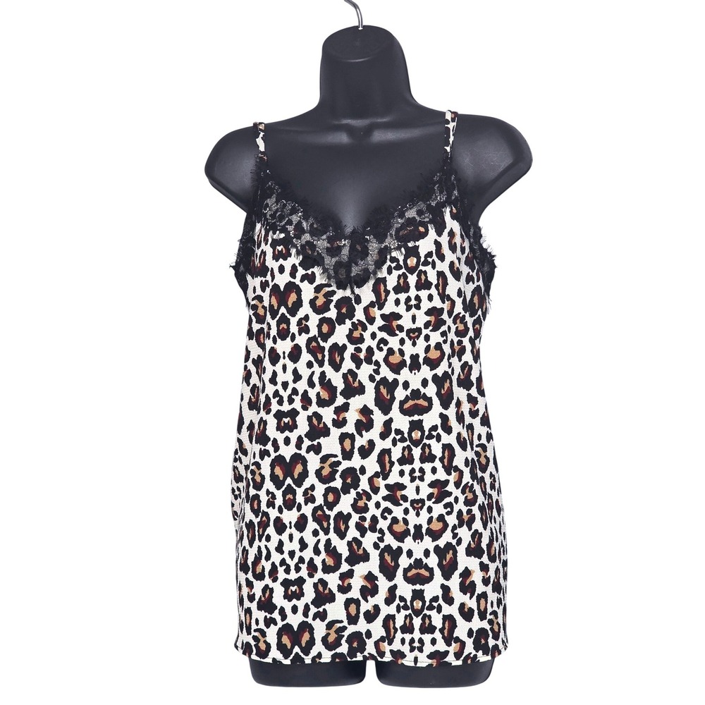 CY Fashion Leopard Print Lace Trim Cami Tank Top Womens Large Brown Black